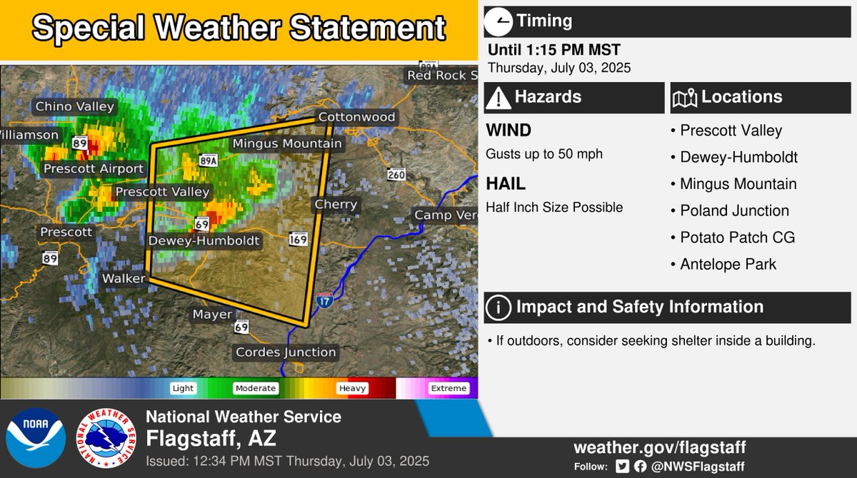 ⚠️ Special Weather Statement ⚠️ in effect until 1:15 PM MST for portions of Yavapai County.

This includes Prescott Valley, Dewey-Humboldt, Mingus Mountain, Poland Junction, Potato Patch CG, and Antelope Park. More info: weather.gov/fgz/wwa?wmo=WW…. #azwx