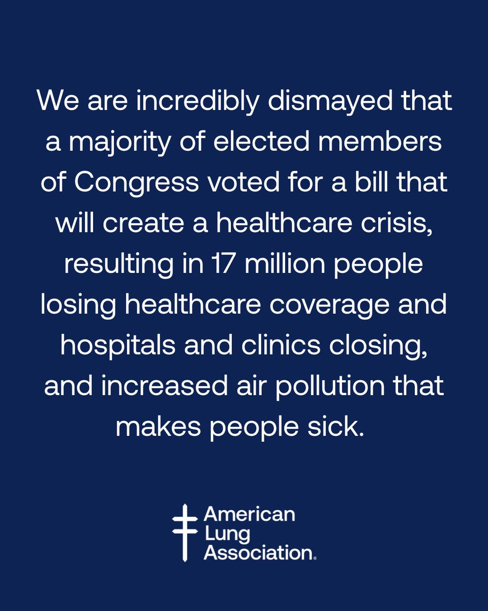 LungAssociation's tweet image. The American Lung Association stands strongly opposed to the reconciliation bill that was passed by the House today and is now off to the president's desk for signature. This legislation is a huge hit to people's health and will have ripple effects across the nation.