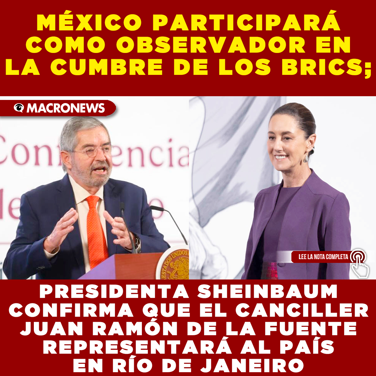 macronews's tweet image. #BRICS2025 #Sheinbaum #RelacionesExteriores #MéxicoGlobal
🌐🤝 México estará presente en la Cumbre de los BRICS como observador. El canciller De la Fuente representará al país en Río de Janeiro. ¡Relaciones estratégicas en marcha! 👉 goo.su/5vLyqV