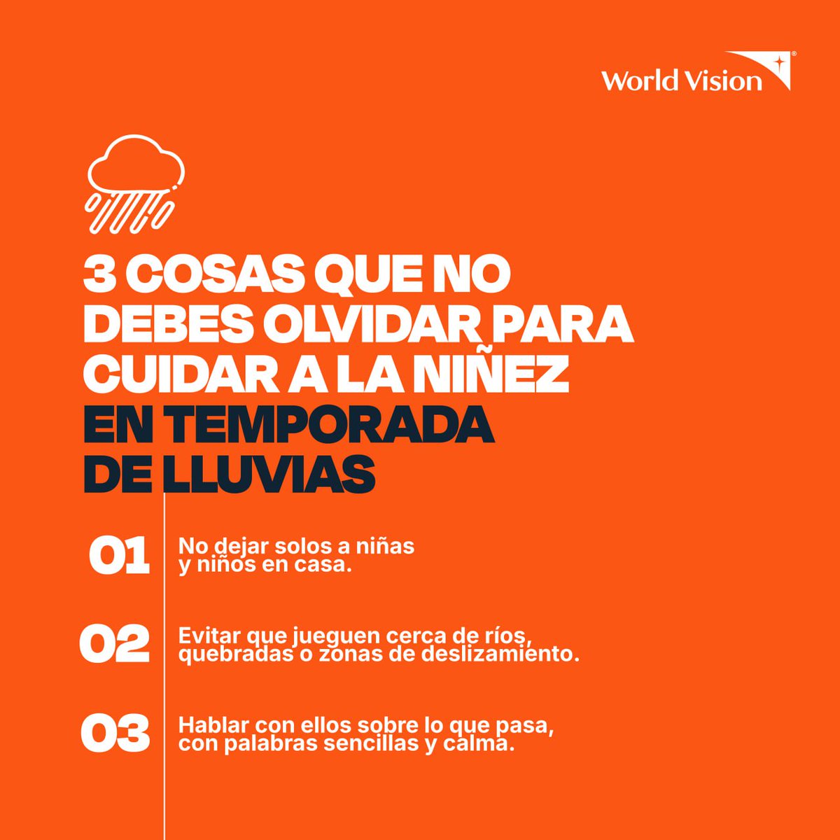Cuidar a la niñez en época de lluvias no es opcional. Es estar, guiar y prevenir.

Una conversación a tiempo, una mirada atenta, una decisión responsable pueden salvar vidas. 🌧️👧🏽👦🏽💛

#PrevenciónEsProtección #TemporadaDeLluvias #ProtecciónInfantil #WorldVision #ClimaYNiñez