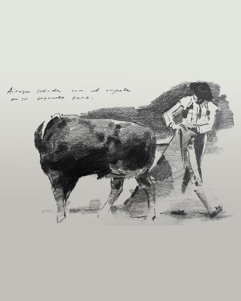 Compartimos algunos dibujos y apuntes que nos ha hecho llegar Eloy Morales, artista y referente del hiperrealismo pictórico.
Trazados a carboncillo, a vuelapluma, extraídos de su cuaderno de notas, recogen pasajes de la corrida de la pasada Feria del Corpus en Granada.