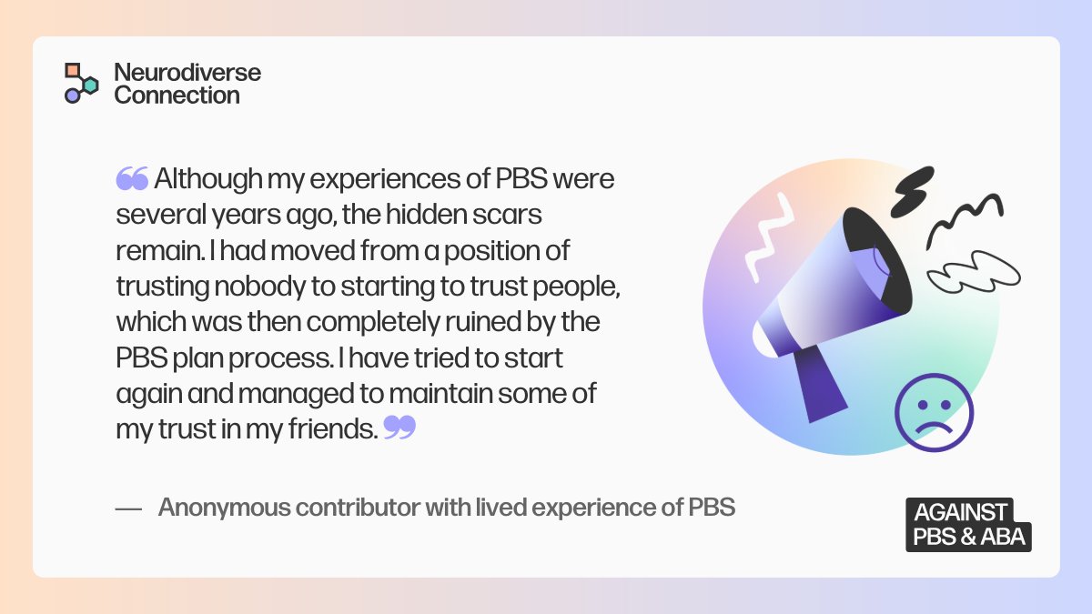 If you have a story to tell about PBS/ABA, we want to hear it. 

You can choose to stay anonymous &amp; tell us how your story can be used.

Share your story today 👉ndconnection.co.uk/against-pbs-ab…

The quote below comes from an individual's lived experience of PBS.

#AgainstPBSandABA