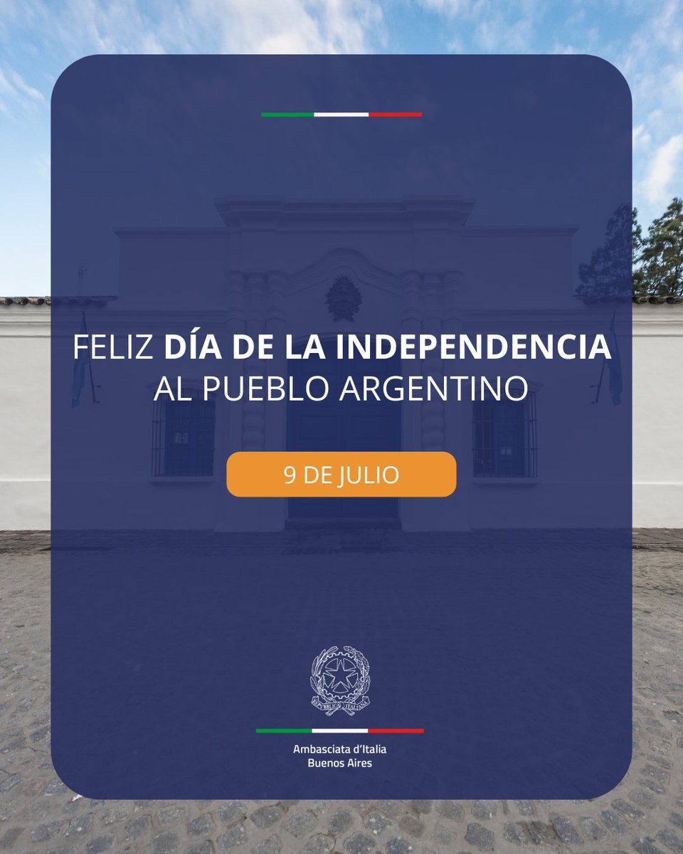 #9dejulio | Celebramos junto al pueblo 🇦🇷 un nuevo aniversario de su Independencia.
Desde <a href="/ItalyinARG/">Italy in Argentina</a> saludamos con afecto a esta Nación hermana, con la que compartimos una historia de vínculos humanos, culturales y valores comunes.

¡Feliz Día de la Independencia!

<a href="/ItalyMFA_int/">Italy MFA</a>