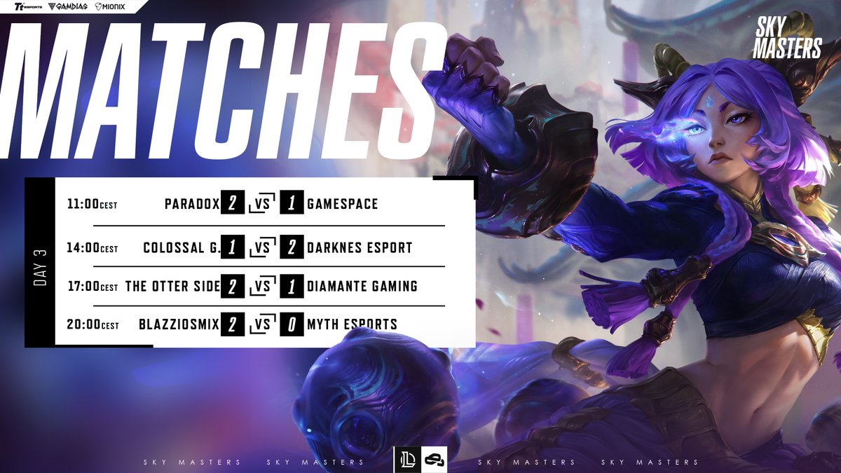 Sky Masters (@skymasterspro) on Twitter photo Results of today's matches:
<a href="/teamparadoxgr/">Team Paradox</a> 2:1 <a href="/GamespaceEsport/">Gamespace Esports</a>
<a href="/ColossalG_/">Colossal Gaming</a> 1:2 <a href="/EsportDarknes/">Darknes esport</a>
<a href="/The_OtterSide/">The Otter Side</a> 2:1 <a href="/diamantegamingx/">diamantegaming</a>
BlazziosMix 2:0 <a href="/Myth_NL/">Myth Esports</a>
#skymasters #LeagueOfLegends #eSports Results of today's matches:
<a href="/teamparadoxgr/">Team Paradox</a> 2:1 <a href="/GamespaceEsport/">Gamespace Esports</a>
<a href="/ColossalG_/">Colossal Gaming</a> 1:2 <a href="/EsportDarknes/">Darknes esport</a>
<a href="/The_OtterSide/">The Otter Side</a> 2:1 <a href="/diamantegamingx/">diamantegaming</a>
BlazziosMix 2:0 <a href="/Myth_NL/">Myth Esports</a>
#skymasters #LeagueOfLegends #eSports