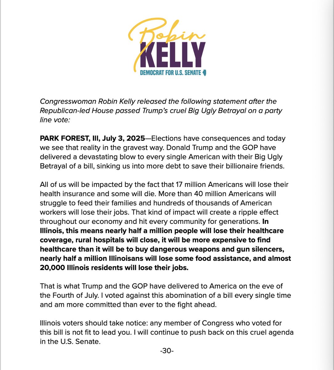 Illinois voters should take notice: any member of Congress who voted for this bill is not fit to lead you. I will continue to push back on this cruel agenda in the U.S. Senate.