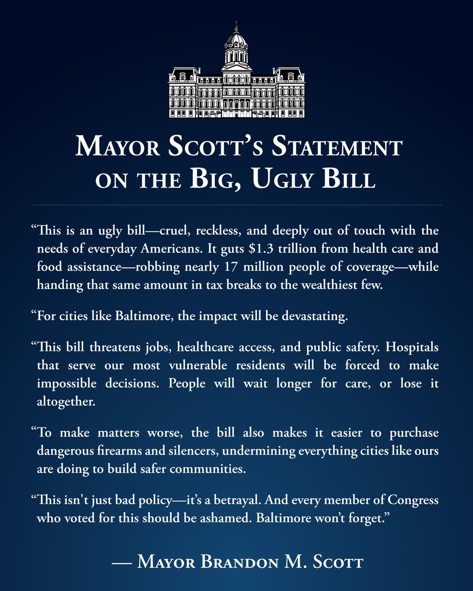This is an ugly bill-cruel, reckless, and deeply out of touch with the needs of everyday Americans. This isn’t just bad policy-it’s a betrayal. And every member of Congress who voted for this should be ashamed. Baltimore won’t forget.