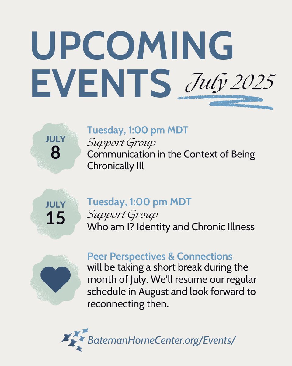 BatemanHorne's tweet image. Join BHC’s July Support Groups
July 8 – Communication & Chronic Illness
July 15 – Identity & Chronic Illness
💙 Peer Perspectives is on a short break—we’ll be back in August.
🔗 bit.ly/48DiM7Q
#MECFS #LongCOVID #supportgroup