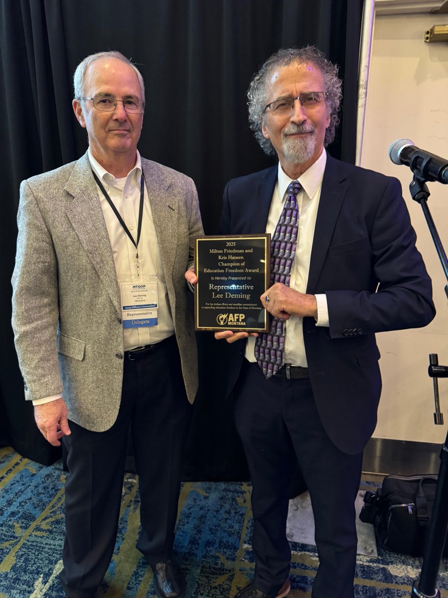 🎓 Honoring Rep. **Lee Deming** of Laurel—recipient of the **Milton Friedman &amp; Kris Hansen Education Freedom Award** for 40+ years of service &amp; bold leadership on HB 320 (MAPPS). 
From classroom to Capitol, he’s fought to expand #EdFreedom 👏📚 #mtleg #SchoolChoice