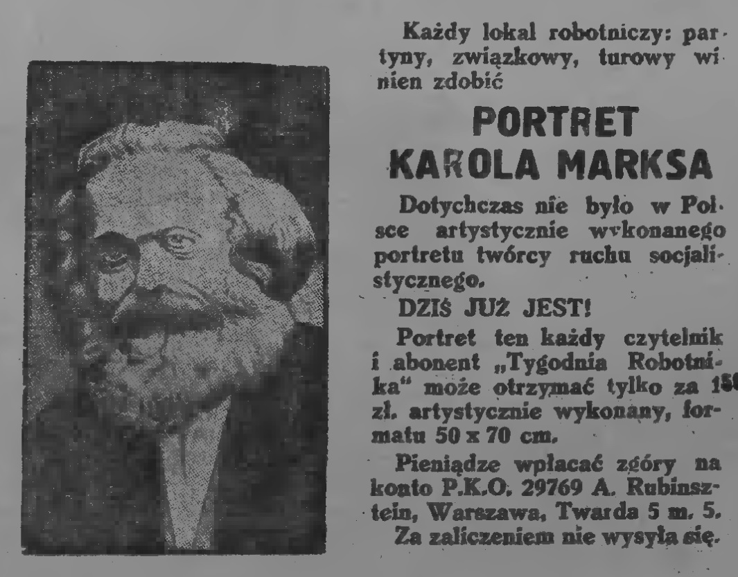 P_P_o_P_W's tweet image. Rok 1935.
PPS-owskie pismo "Tydzień Robotnika" przypomina, że każdy lokal partii, związków zawodowych, a także socjalistycznych organizacji kulturalno-oświatowych winien zdobić portret Karola Marksa.