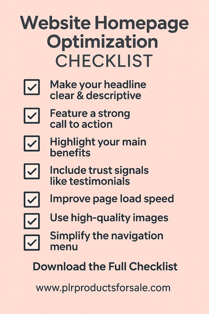 Optimize your homepage for conversions! 🧠 Grab this free checklist &amp; boost results fast 👉 plrproductsforsale.com/shop/free-webs… #Marketing

💬 ChatGPT Prompt for Twitter:
“Review my homepage layout and give 10 suggestions to improve conversion rates, user experience, and trust.”