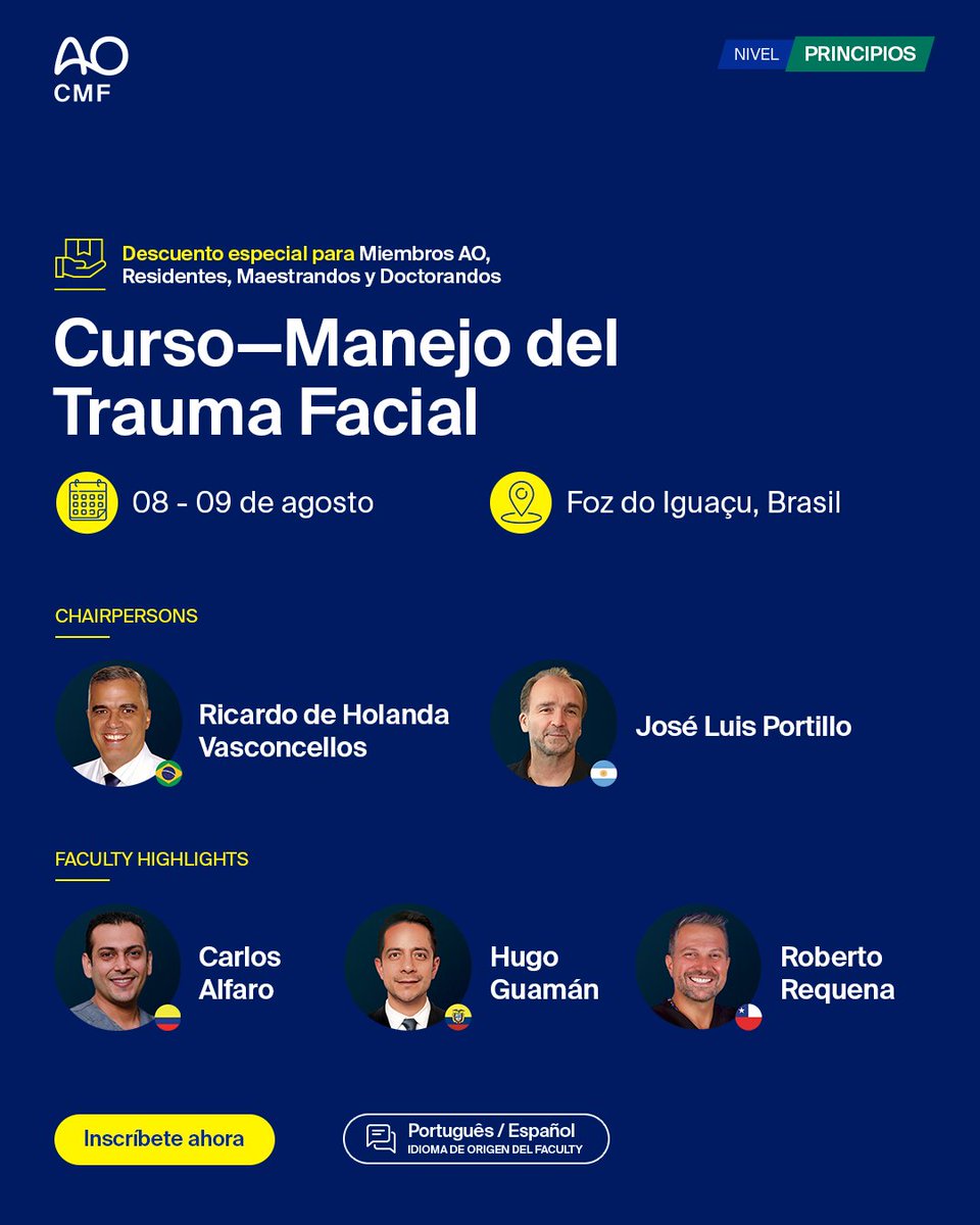 📢 ¡Últimos cupos disponibles! Amplía tus conocimientos en el manejo de fracturas cráneomaxilofaciales con un curso desarrollado en colaboración por dos destacados educadores de Brasil y Argentina.

➡️ bit.ly/3XeCiU0