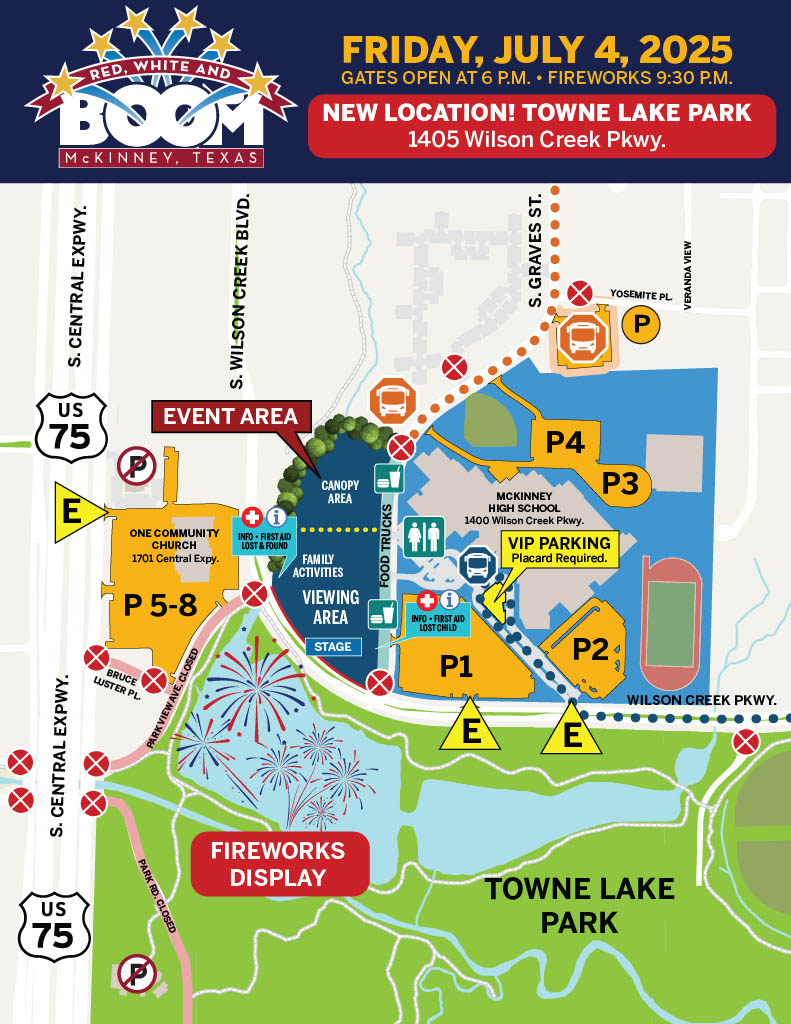 Red, White and BOOM! is only a day away!

Take a look at the event maps for the Downtown McKinney hometown parade and Towne Lake Park evening event. 

For all details, including parking maps, schedule of activities, road closures, and more, visit: McKinneyTexas.org/RWB