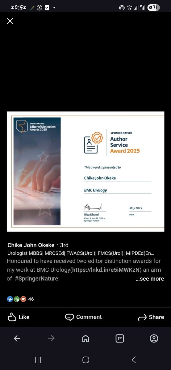 Chikkksss's tweet photo. Honoured to have received two Editor of Distinction Awards for my work at BMC Urology(https://t.co/OXgqPOwwOr) an arm of  #SpringerNature: 
1. Springer Nature Editor of Distinction Award 2025

2. Springer Nature Author Service Award 2025

#EditorialExcellence #PeerReview #BMC https://t.co/vTr3q90b9g