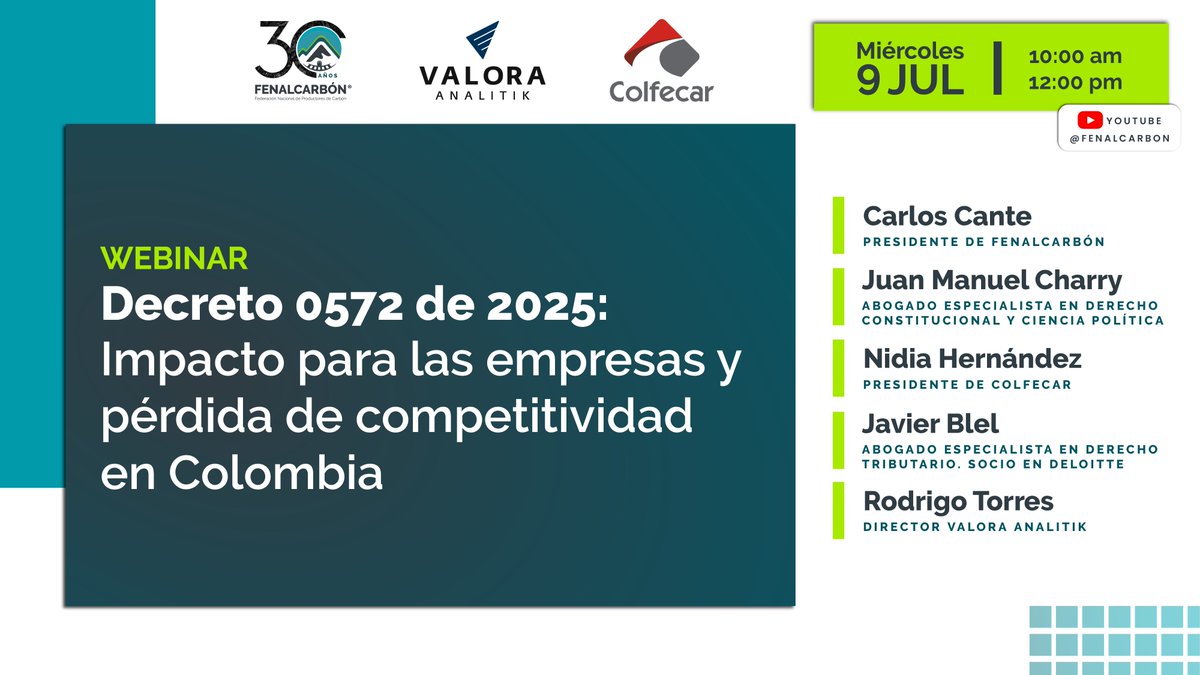 📢 Webinar | Decreto 0572 de 2025: impacto para las empresas y pérdida de competitividad en Colombia ¿Cómo afecta el aumento en la retención en la fuente a los sectores carbón y transporte? 

🗓 Julio 9 | 10:00 a. m.
📺 YouTube Live
✍️ Regístrate: forms.gle/scnQdhw7vq7Rxn…