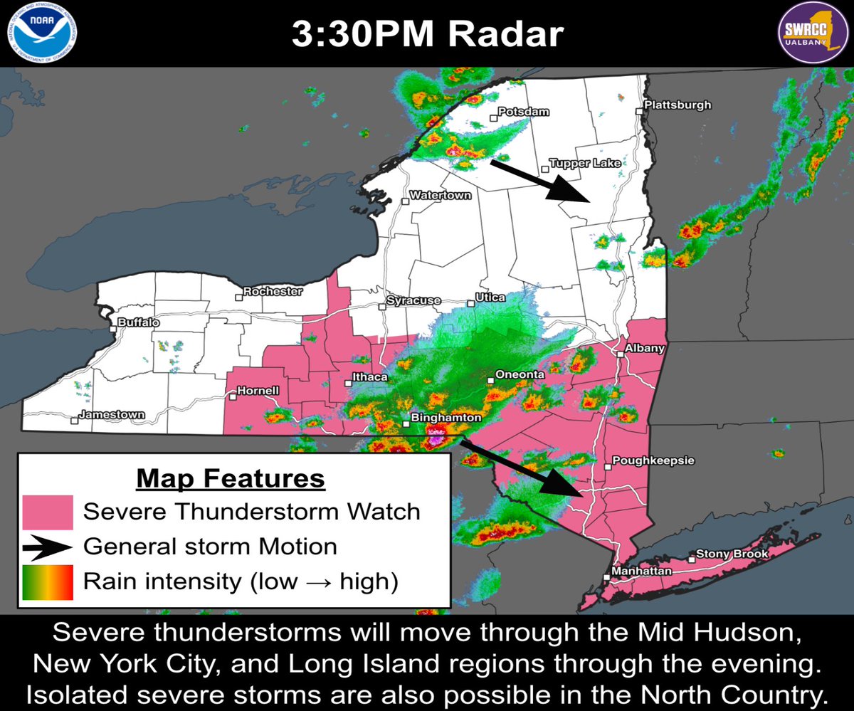 NYSWRCC's tweet image. Thunderstorms with a history of damaging winds and large hail are entering the Mid-Hudson region, and will likely impact the evening commute. The severe risk will persist across the Mid-Hudson and Downstate through about 8-9 PM.