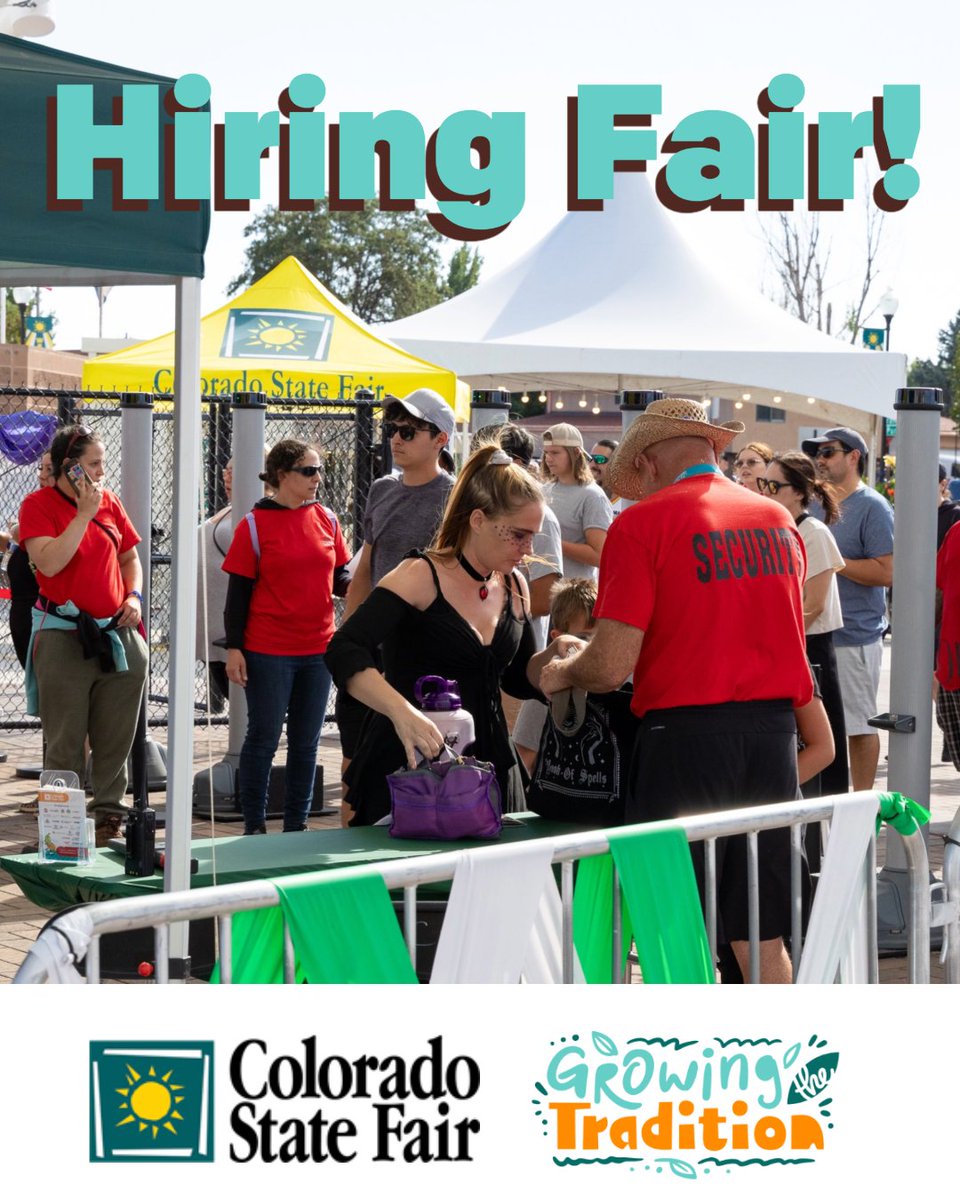 We’re hosting a Hiring Fair on Wednesday, July 9th! Come explore seasonal opportunities in food service, guest services, event operations, agriculture, and more.
📍 Agriculture Palace (Upper Mezzanine) 
⏰ 11am-3pm 

#ColoradoStateFair #GrowingTheTradition #NowHiring