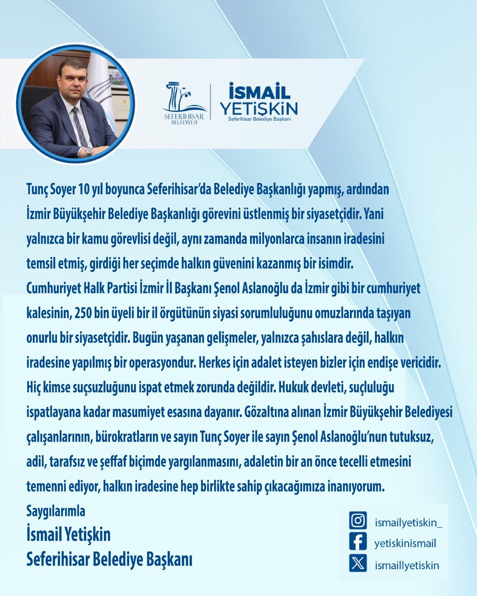 Basına ve kamuoyuna;

Geçtiğimiz günlerde yaşadığımız büyük yangın felaketinde, Seferihisar’ın ciğerleri yandı, içimiz yandı. Ama en zor anlarda, bir olduk, omuz omuza birlikte mücadele ettik. Yangın ile mücadele etmek için seferberliğe katılan, bir damla su, bir lokma ekmek