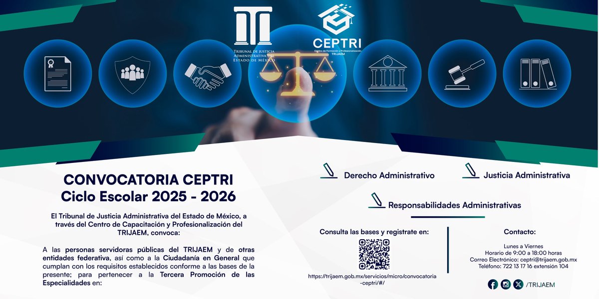 TRIJAEM's tweet photo. ¿Te interesa especializarte en Derecho Administrativo, Justicia Administrativa o Responsabilidades Administrativas?

El TRIJAEM te invita a formar parte de la Tercera Promoción CEPTRI, ciclo escolar 2025-2026.

Consulta las bases y regístrate en https://t.co/EJFnU3KbQd https://t.co/TnOSqCbaw7