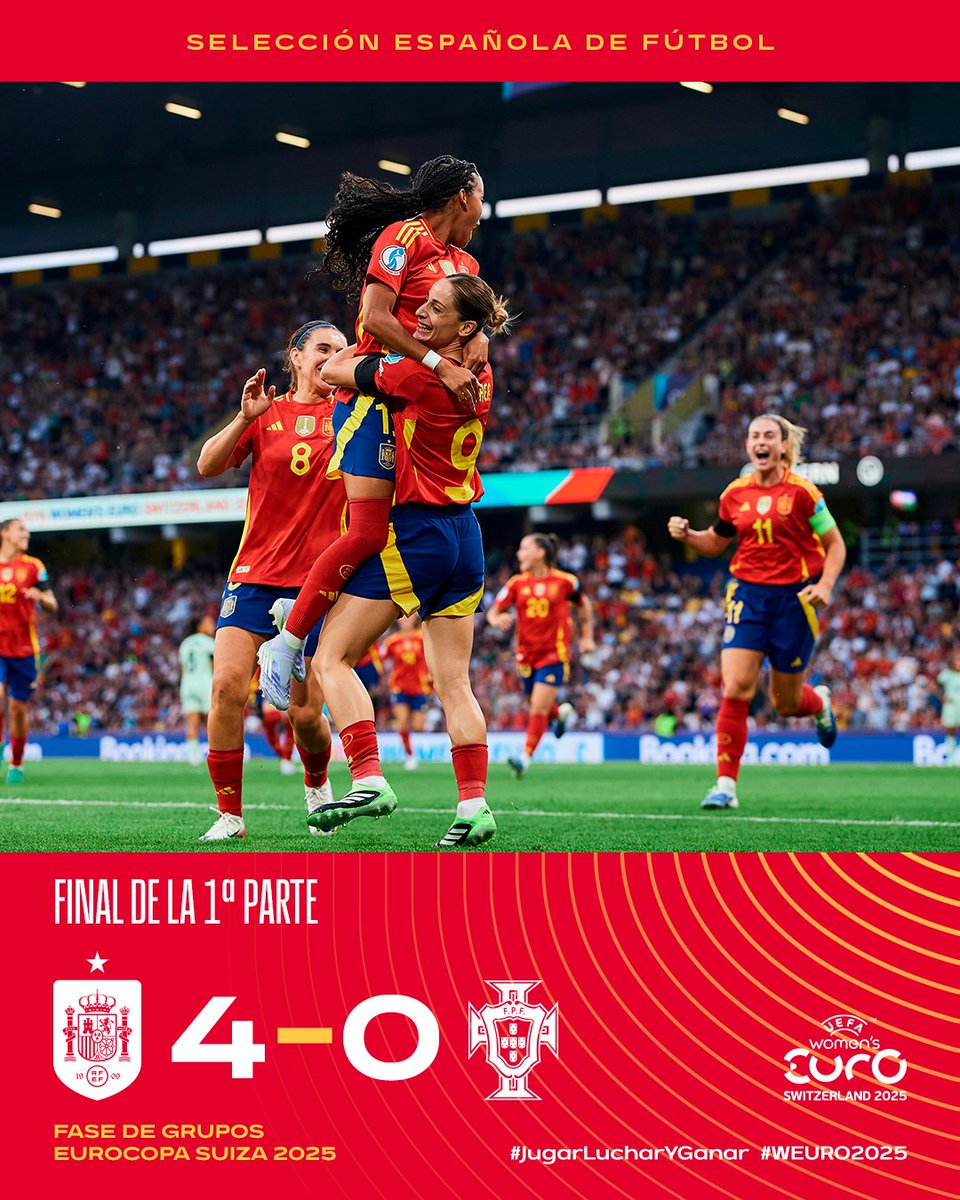 Spanish Football (@spainisfootball) on Twitter photo โธ๏ธ ๐๐๐๐-๐ง๐๐ ๐!!
<a href="/montse_tome/">Montse Tome</a>โs team have put in a phenomenal 45 minutes and got their Euro 2025 campaign off to the best possible start.
Letโs keep this goingโฆ Come on girls!!
๐ช๐ธ๐๐ต๐น | 4-0 | 45+3'
#JugarLucharYGanar โธ๏ธ ๐๐๐๐-๐ง๐๐ ๐!!
<a href="/montse_tome/">Montse Tome</a>โs team have put in a phenomenal 45 minutes and got their Euro 2025 campaign off to the best possible start.
Letโs keep this goingโฆ Come on girls!!
๐ช๐ธ๐๐ต๐น | 4-0 | 45+3'
#JugarLucharYGanar