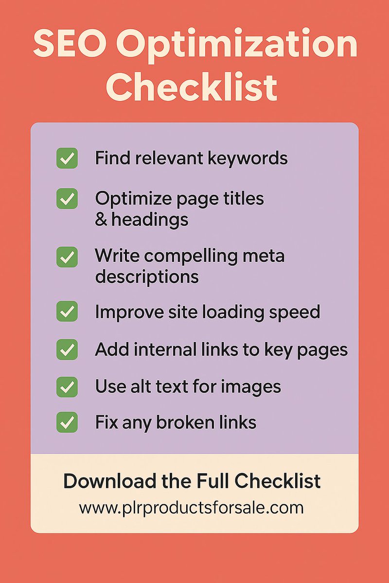 Boost your search rankings! 🔍
Grab this FREE SEO Checklist &amp; start getting traffic.
👉 plrproductsforsale.com/shop/free-seo-…
#SEO #Marketing
ChatGPT Prompt:
"Give me a detailed SEO optimization checklist for improving blog post visibility on Google, including technical and on-page tips."