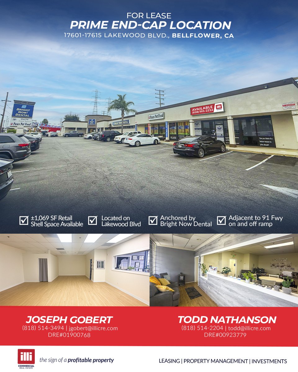 illicre's tweet photo. 🚨 New Listing Alert! ±1,069 SF end-cap retail shell space on high-traffic Lakewood Blvd.
📞 Reach out to Joseph Gobert: (818) 514-3494 | jgobert@illicre.com https://t.co/yRX5Pk5TeL