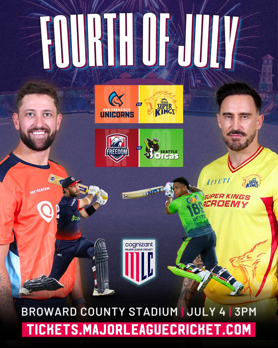 🇺🇸 Celebrate the Fourth of July with us — tomorrow! 

🏏 Get ready for a thrilling double-header of cricket as the top four teams go head-to-head in back-to-back showdowns.

🎆 Stick around after the action for a dazzling fireworks display to light up the night! 

🥳 Don’t miss