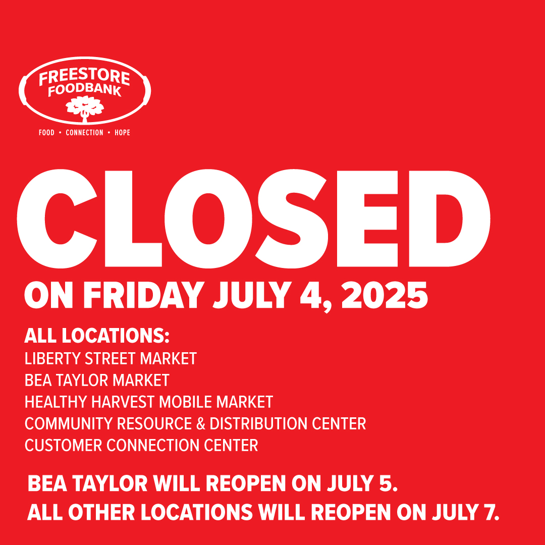 FreestoreFB's tweet image. All Freestore Foodbank locations are closed tomorrow in observance of the Fourth of July