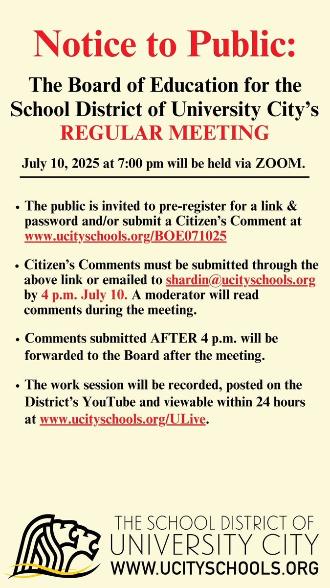 The <a href="/UCitySchools/">UCity Schools</a> Board of Education is accepting registration and citizen's comments for its Thurs., July 10 virtual regular session. Register at ucityschools.org/BOE071025 for link and passcode. More details at ucityschools.org/BOE. <a href="/UCSharonica/">Sharonica Hardin</a>