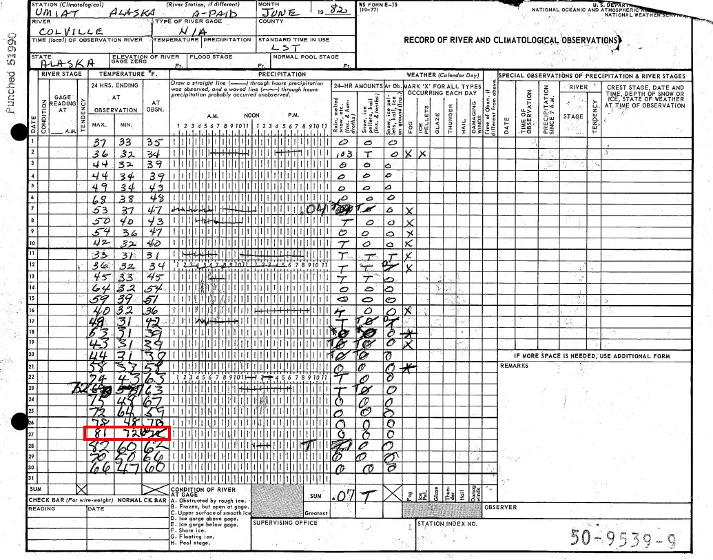 WorldClimateSvc's tweet image. Northern Alaska heatwave: this automated site above the Arctic Circle (about 40 miles north of Kotzebue) didn't drop below 72°F last "night".
Daily min temps above 70°F are very rare, though not unprecedented, in Alaska.
Here's one from Umiat, on the North Slope, in 1982.