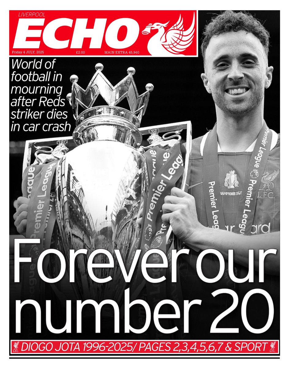 José Luis Rojas Torrijos (@rojastorrijos) on Twitter photo El triste adiós a Diogo Jota, "nuestro número 20 para siempre". Portada del <a href="/LivEchonews/">Liverpool Echo</a> El triste adiós a Diogo Jota, "nuestro número 20 para siempre". Portada del <a href="/LivEchonews/">Liverpool Echo</a>