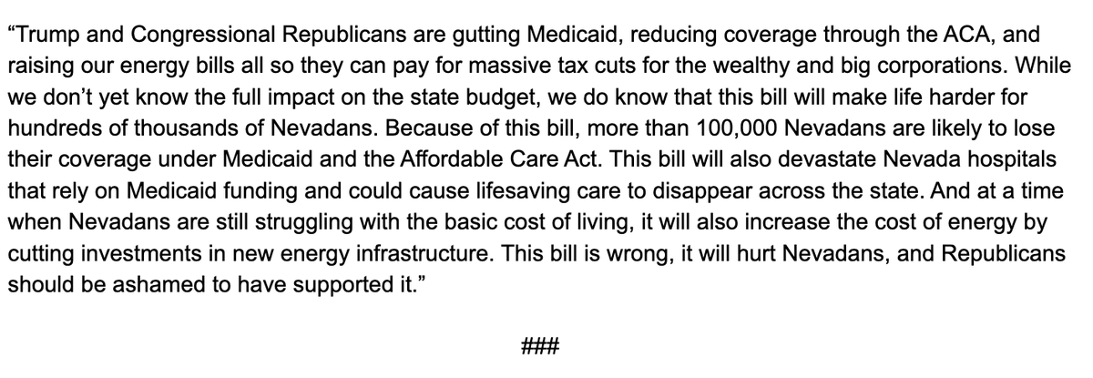 The Trump/GOP tax bill is going to make life harder for hundreds of thousands of Nevadans. Raising energy costs while cutting Medicaid and the Affordable Care Act just to pay for tax cuts for billionaires and corporations is shameful.