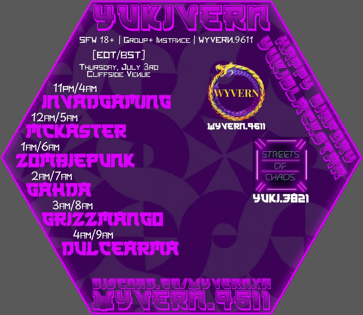 Come join us at Cliffside tonight to come celebrate YukiBlackstar's Birthday!
🧁HAPPY BIRTHDAY YUKI!!! 🧁
💙💜💙💜💙
VRChat: vrc.group/WYVERN.9611
Discord: discord.gg/WyvernXR
#VRChat #WyvernXR #Wyvern #Events