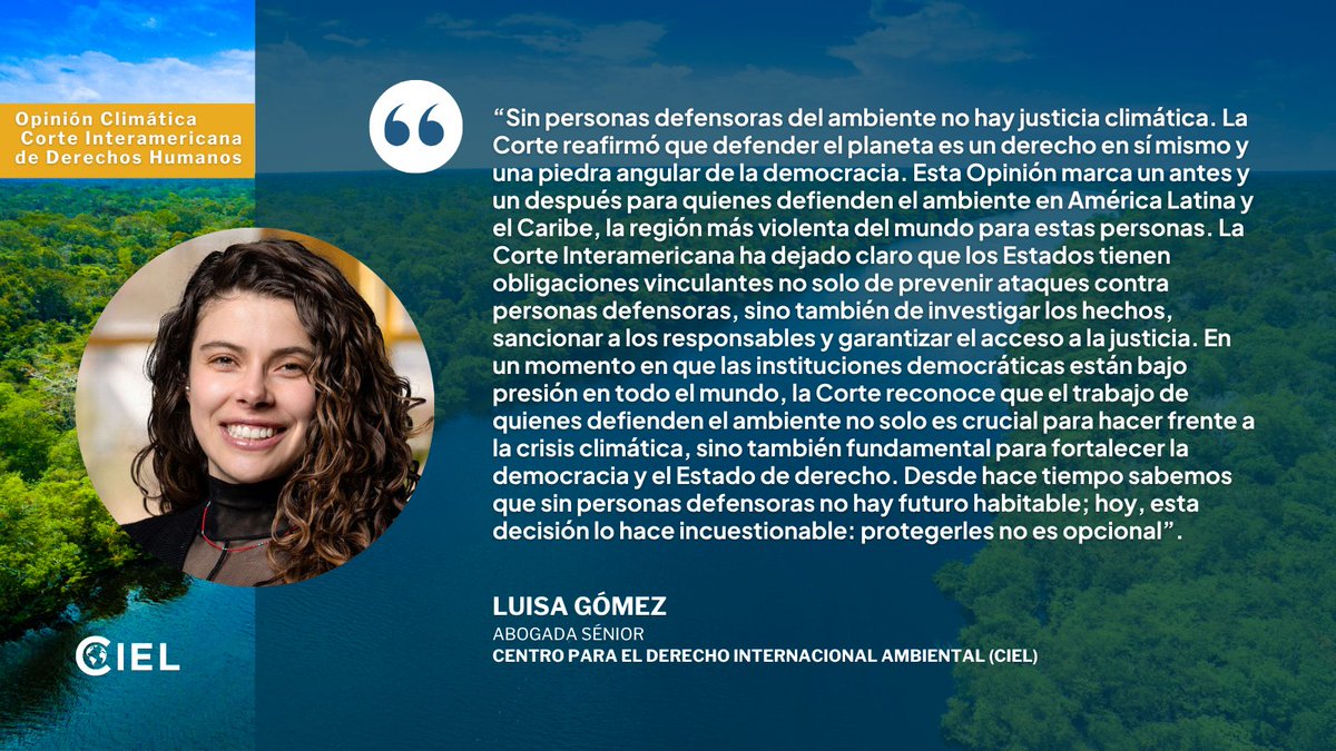 Center for International Environmental Law (@ciel_tweets) on Twitter photo 🗣️ La #OpiniónConsultiva de la <a href="/CorteIDH/">Corte Interamericana de Derechos Humanos</a> es contundente: Los Estados y las empresas deben tomar acción frente a la crisis climática.
➡️ Deslice para las citas de nuestras expertas.
👇 Lea el comunicado de CIEL.
bit.ly/4ljFIOU 🗣️ La #OpiniónConsultiva de la <a href="/CorteIDH/">Corte Interamericana de Derechos Humanos</a> es contundente: Los Estados y las empresas deben tomar acción frente a la crisis climática.
➡️ Deslice para las citas de nuestras expertas.
👇 Lea el comunicado de CIEL.
bit.ly/4ljFIOU