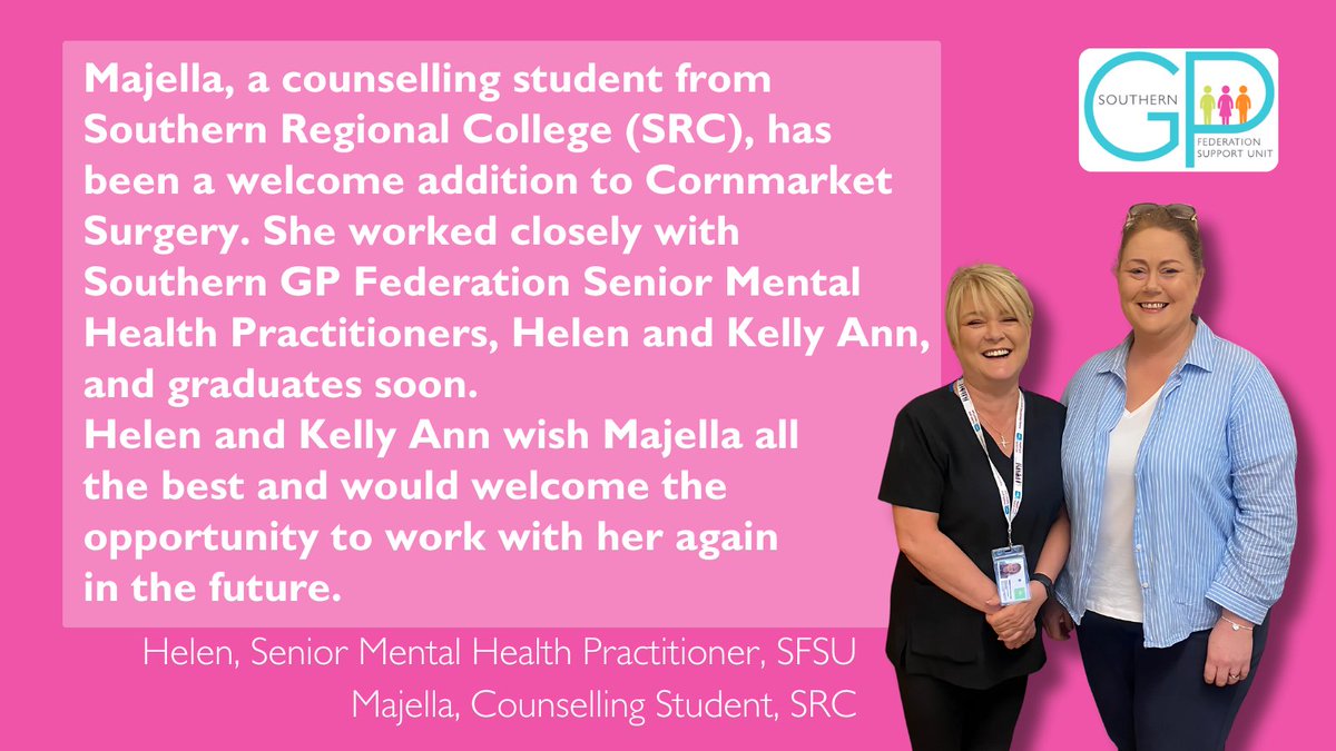 Southern GP Federation Support Unit (@southern_fsu) on Twitter photo <a href="/southern_fsu/">Southern GP Federation Support Unit</a> are excited to highlight a successful partnership between Southern Regional College (SRC) and Cornmarket Surgery - another great example of collaboration in action to support local healthcare and education in the Southern GP Federation. 👏
#EmpoweringGP #MDT <a href="/southern_fsu/">Southern GP Federation Support Unit</a> are excited to highlight a successful partnership between Southern Regional College (SRC) and Cornmarket Surgery - another great example of collaboration in action to support local healthcare and education in the Southern GP Federation. 👏
#EmpoweringGP #MDT