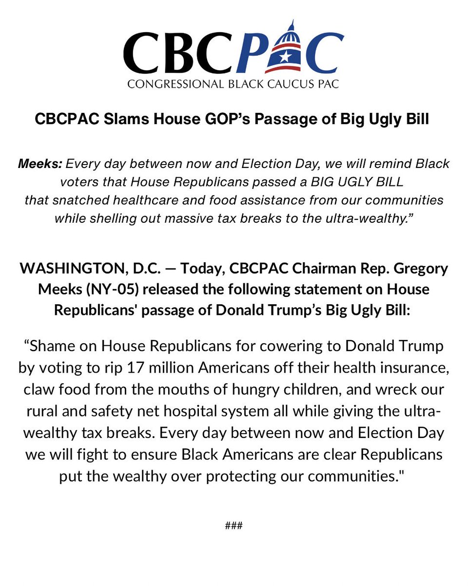 CBCPAC Chairman Statement on House GOP’s Passage of Big Ugly Bill 

Full statement here: cbcpac.org/press-releases…
