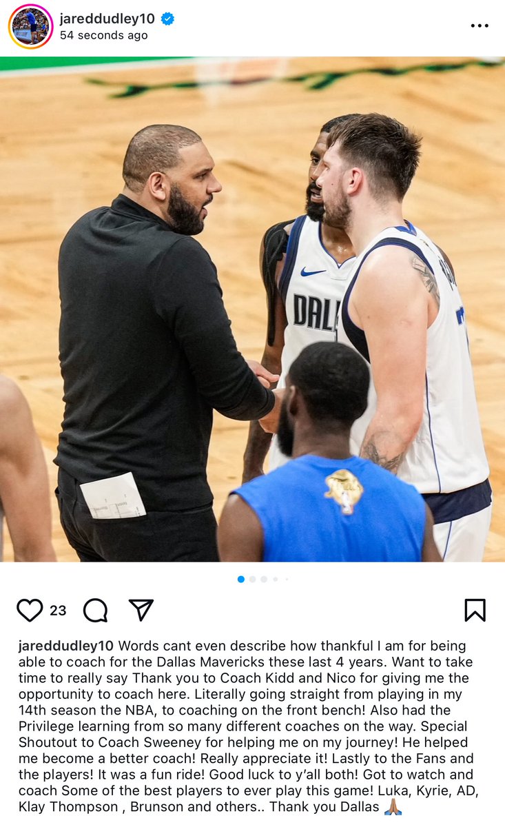 Jared Dudley’s goodbye to Dallas:

“Words can’t even describe how thankful I am for being able to coach for the Dallas Mavericks these past four years…Got to watch &amp; coach some of the best players to ever play this game! Luka, Kyrie, AD, Klay Thompson, (Jalen) Brunson &amp; others.”