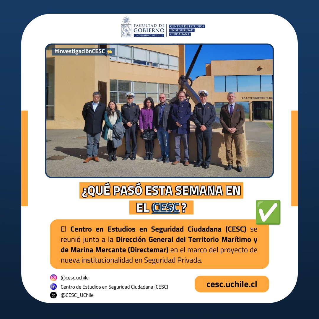 CESC_UChile's tweet image. 🔎 El #CESC de @gobierno_uchile  se reunió con @DGTM_Chile y @SubPrevDelito para revisar avances en la matriz de riesgo de la nueva normativa de #SeguridadPrivada.

Participaron Coord. Investigación María José del Solar y Alejandra Mohor.

📲 Más en cesc.uchile.cl