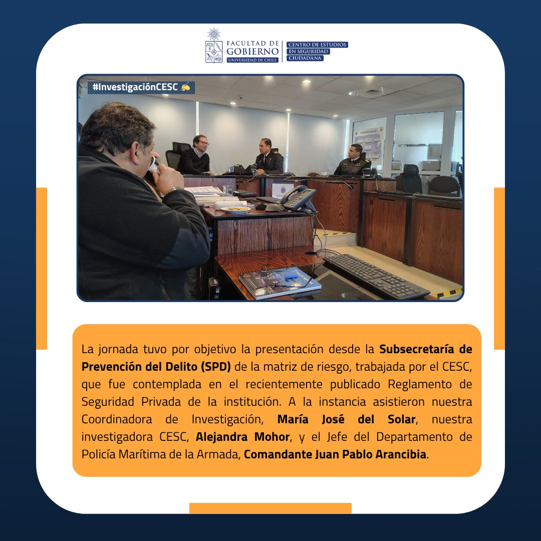 CESC_UChile's tweet image. 🔎 El #CESC de @gobierno_uchile  se reunió con @DGTM_Chile y @SubPrevDelito para revisar avances en la matriz de riesgo de la nueva normativa de #SeguridadPrivada.

Participaron Coord. Investigación María José del Solar y Alejandra Mohor.

📲 Más en cesc.uchile.cl