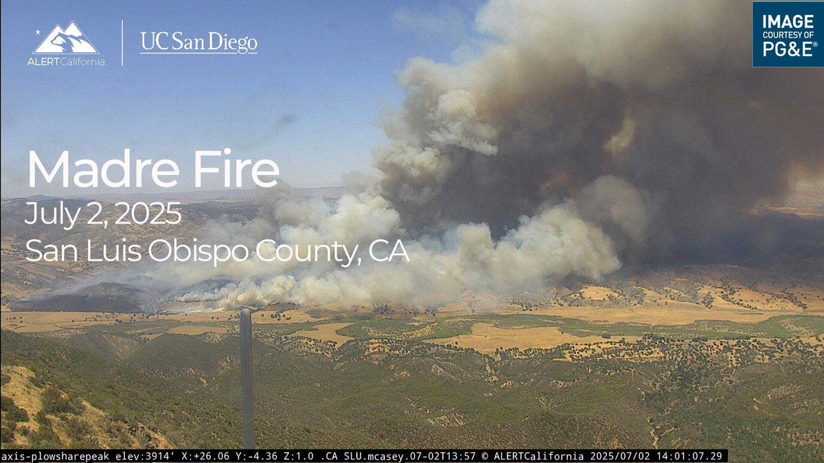 ALERTCalifornia (@alertcalifornia) on Twitter photo Compilation video of the start and growth of the #MadreFire in San Luis Obispo County on 7/2 from multiple ALERTCalifornia cameras. Watch on YT: bit.ly/3Ir9cw8 and check current conditions at: bit.ly/4ex8Vnr. Look to <a href="/CALFIRE_SLO/">San Luis Obispo County Fire Department</a> and <a href="/slocountyoes/">SLO County OES</a> for updates. Compilation video of the start and growth of the #MadreFire in San Luis Obispo County on 7/2 from multiple ALERTCalifornia cameras. Watch on YT: bit.ly/3Ir9cw8 and check current conditions at: bit.ly/4ex8Vnr. Look to <a href="/CALFIRE_SLO/">San Luis Obispo County Fire Department</a> and <a href="/slocountyoes/">SLO County OES</a> for updates.