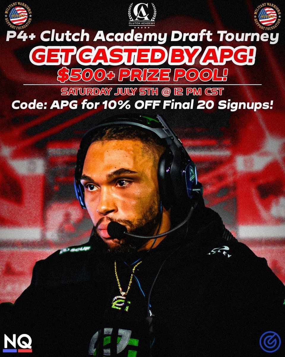 GET READY AND PLEASE WELCOME APG TO YOUR CASTING CREW!!!

Teams are being picked tomorrow night 9CST. GET READY!

Final signups close early tomorrow! Don’t miss your shot.
The Clutch 4v4 Pickup Warrior Draft is almost here.

🗓️ Draft Day: Friday, July 4th @ 9PM CST
🎮 Tournament: