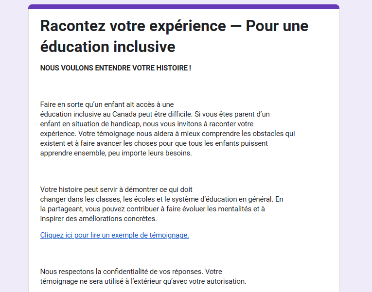 InclusiveEdCan's tweet image. Avez-vous défendu l’éducation inclusive pour votre enfant en situation de handicap? Si oui, nous aimerions beaucoup entendre votre histoire! Veuillez remplir ce formulaire d’ici 18 juillet. Vous y trouverez tous les détails sur ce que nous recherchons.
docs.google.com/forms/d/1dUWDH…