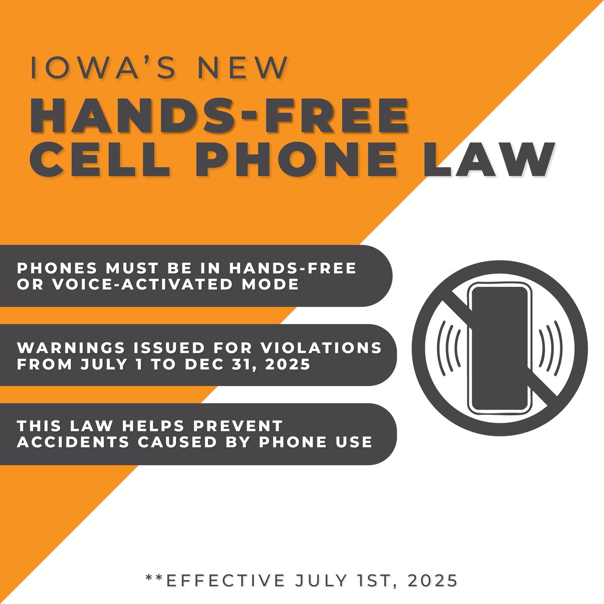 Iowa’s new hands‑free cell phone law went into effect July 1—just in time for the holiday weekend. Keeping drivers focused and families safe on the road!

#handsfree #safedriving #fourthofjuly #holidayweekend