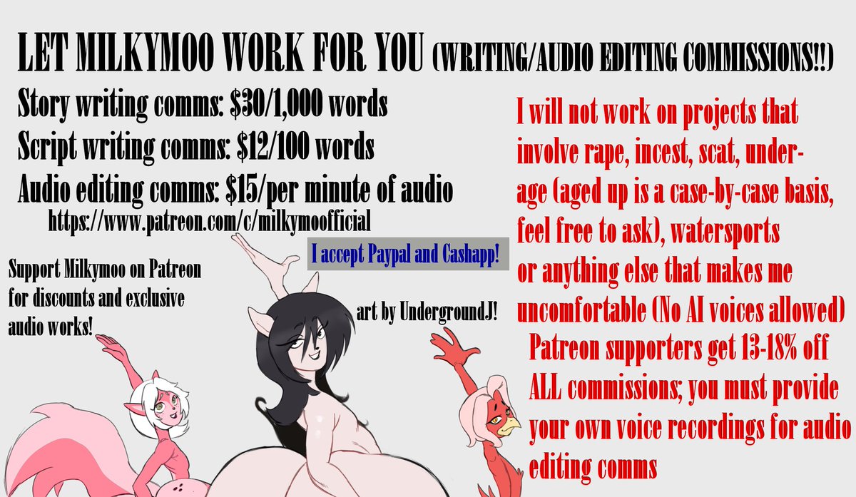Hi if anyone wants to join my Pat or comm me to edit some audio works or write something that would be great cuz finding another job is impossible; art by <a href="/UndergroundJ1/">🔞UJ🔞</a> 

patreon.com/c/milkymooffic…