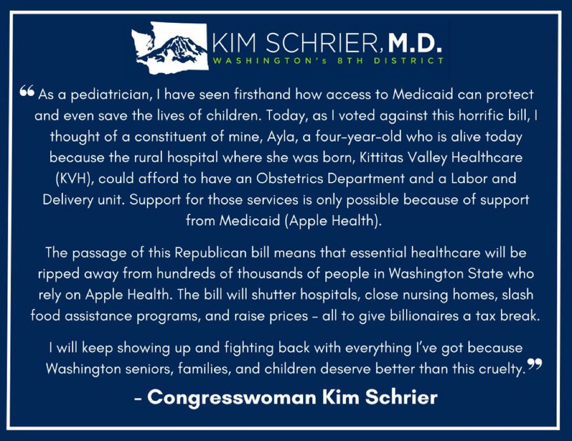 Rep. Kim Schrier, M.D. (@repkimschrier) on Twitter photo Read my full statement on my vote against the Republican budget bill that puts billionaires over working families across Washington State: Read my full statement on my vote against the Republican budget bill that puts billionaires over working families across Washington State: