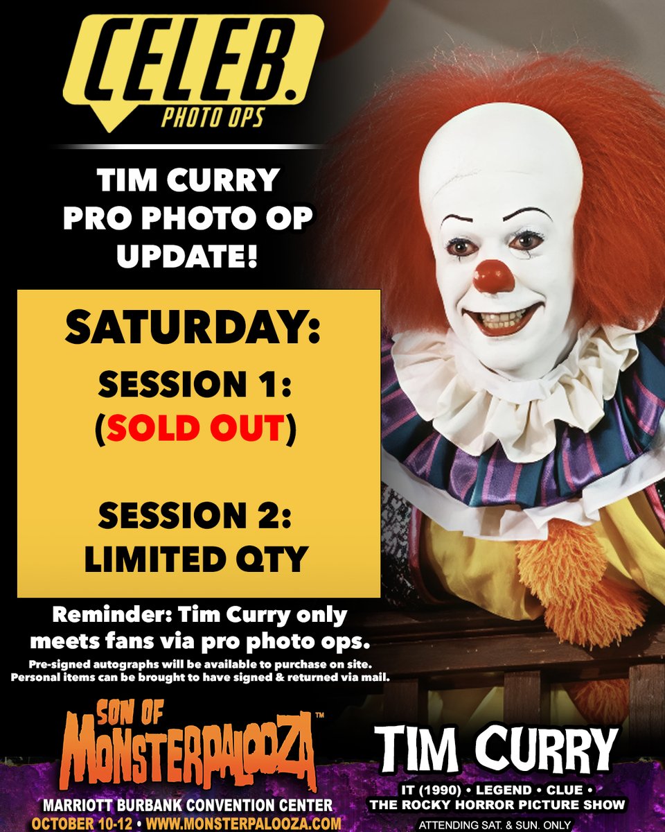 MONSTERPALOOZA1's tweet image. TIM CURRY PHOTO OP UPDATE!
Saturday • Session 1: (SOLD OUT)
Saturday • Session 2: Limited Quantity
*Tim Curry attending Sat. & Sun. only...
For more info visit out website.
GET YOUR TICKETS IN ADVANCE!
For tickets, visit ➨ eventbrite.com/e/son-of-monst… 