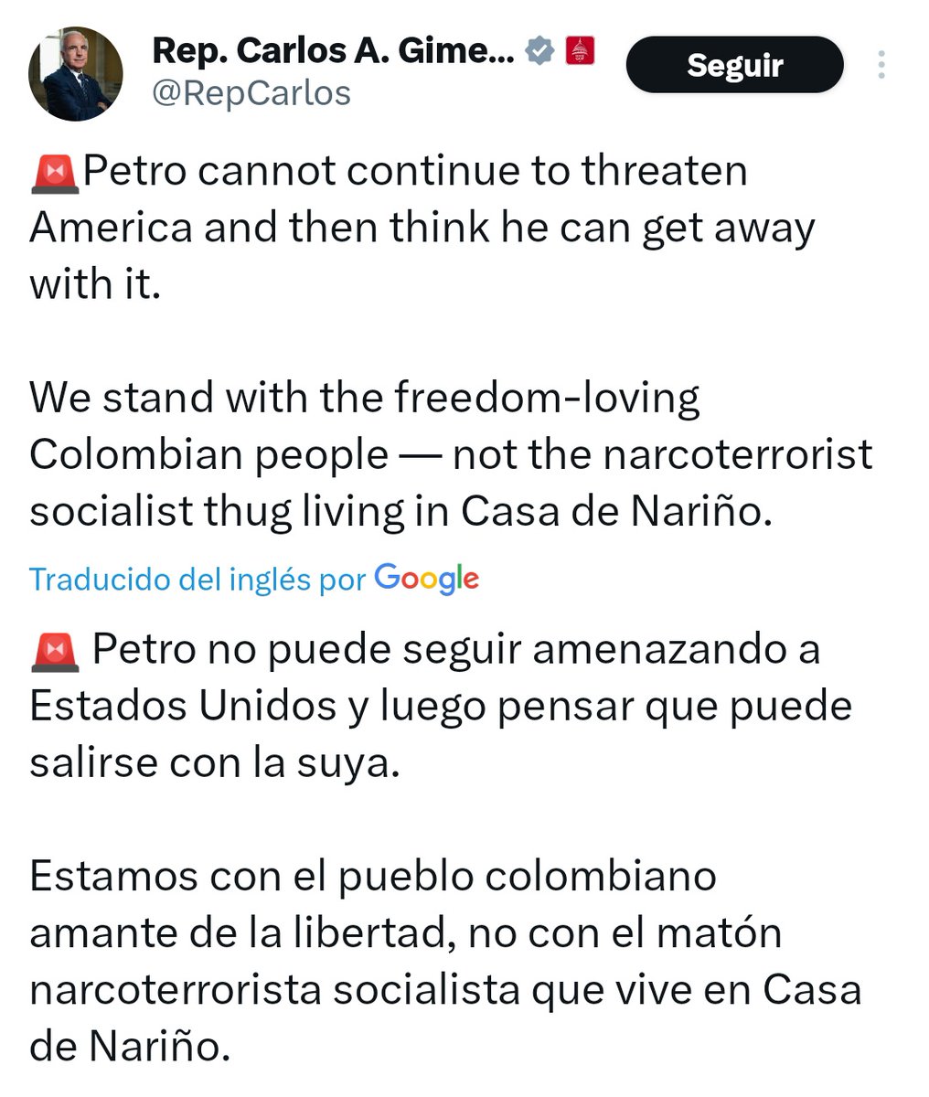 AntonioCorreaSenador (@antoniojcorreaj) on Twitter photo Un congresista de EE. UU. llama al presidente <a href="/petrogustavo/">Gustavo Petro</a> “narcoterrorista” ¡EXIGIMOS RESPETO!
Esto es una ofensa contra nuestro orden constitucional y la voluntad popular de nuestro país. Esto no es su patio trasero; es un Estado soberano, y nuestro presidente fue elegido por Un congresista de EE. UU. llama al presidente <a href="/petrogustavo/">Gustavo Petro</a> “narcoterrorista” ¡EXIGIMOS RESPETO!
Esto es una ofensa contra nuestro orden constitucional y la voluntad popular de nuestro país. Esto no es su patio trasero; es un Estado soberano, y nuestro presidente fue elegido por