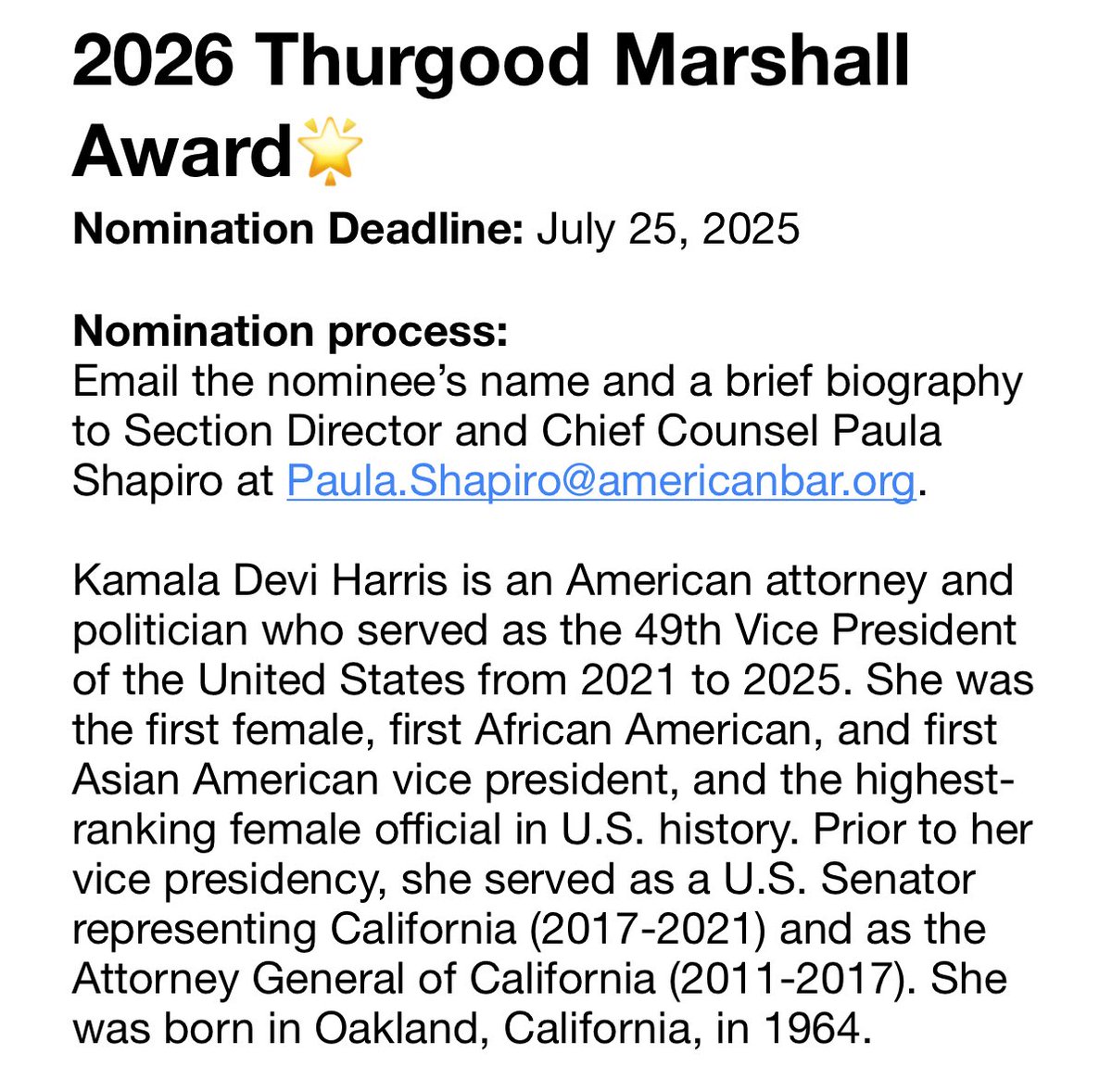viisvision's tweet image. 🚨🚨ATTENTION TO ALL KHIVE, THIS IS VERY IMPORTANT🚨🚨
Nominate @KamalaHarris for the Profile in Courage Award and for the 2026 Thurgood Marshall Award💙
Click the links and read below for more + spread the word🌟
jfklibrary.org/events-and-awa…
americanbar.org/groups/crsj/ab…