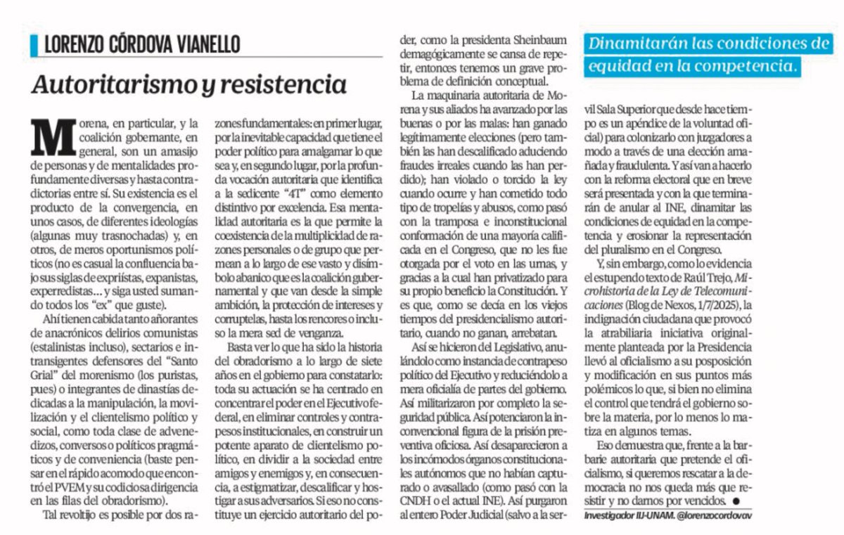 lorenzocordovav's tweet photo. El rasgo distintivo de Morena es la vocación autoritaria de concentrar y abusar del poder que amalgama el amasijo de personas y de mentalidades tan diversas y hasta contradictorias que ahí convergen. Frente a los abusos que han cometido, no queda más que aguantar y resistir. https://t.co/sHi06fs8mp