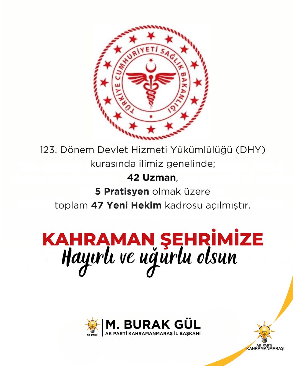 AK Parti Kahramanmaraş (@akkahramanmaras) on Twitter photo 📍Kahramanmaraş
🚑 BİR MÜJDE DAHA!
Sağlık Bakanlığı <a href="/saglikbakanligi/">T.C. Sağlık Bakanlığı</a> 123.Devlet Hizmet Yükümlülüğü kurası ile ilimiz genelinde;
👩⚕️ 42 Uzman,
👨⚕️ 5 Pratisyen olmak üzere toplam 47 yeni hekim kadrosu açılmıştır.
Tamamlanan ve yapımı devam eden sağlık tesislerimiz ile şehrimizin 📍Kahramanmaraş
🚑 BİR MÜJDE DAHA!
Sağlık Bakanlığı <a href="/saglikbakanligi/">T.C. Sağlık Bakanlığı</a> 123.Devlet Hizmet Yükümlülüğü kurası ile ilimiz genelinde;
👩⚕️ 42 Uzman,
👨⚕️ 5 Pratisyen olmak üzere toplam 47 yeni hekim kadrosu açılmıştır.
Tamamlanan ve yapımı devam eden sağlık tesislerimiz ile şehrimizin