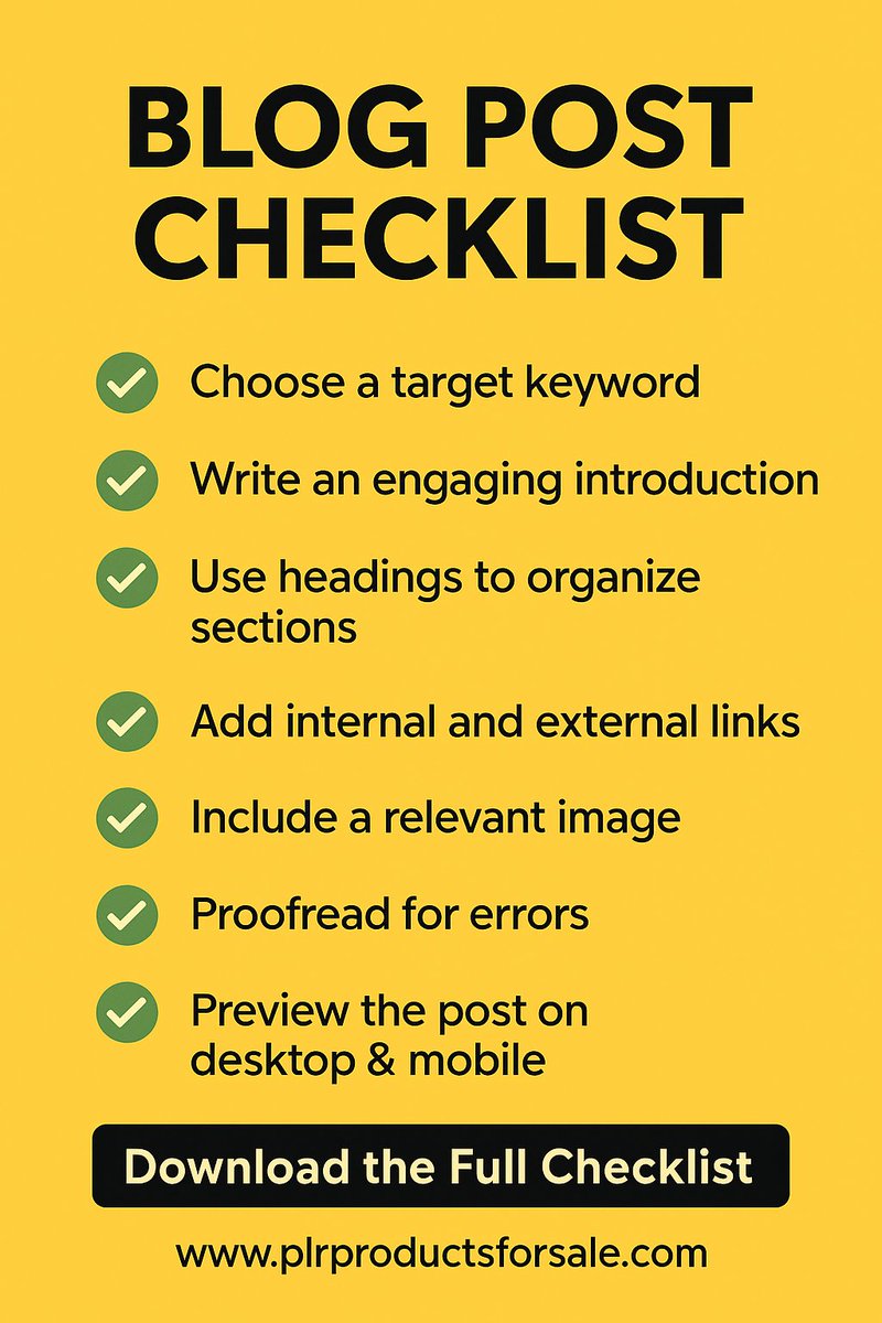 Before you publish your next post… use this FREE Blog Post Checklist 👉 plrproductsforsale.com/shop/free-blog…
#Blogging #SEO
💬 ChatGPT Prompt:
“Give me a detailed checklist to follow before publishing a new blog post, including formatting, SEO, and readability tips.”